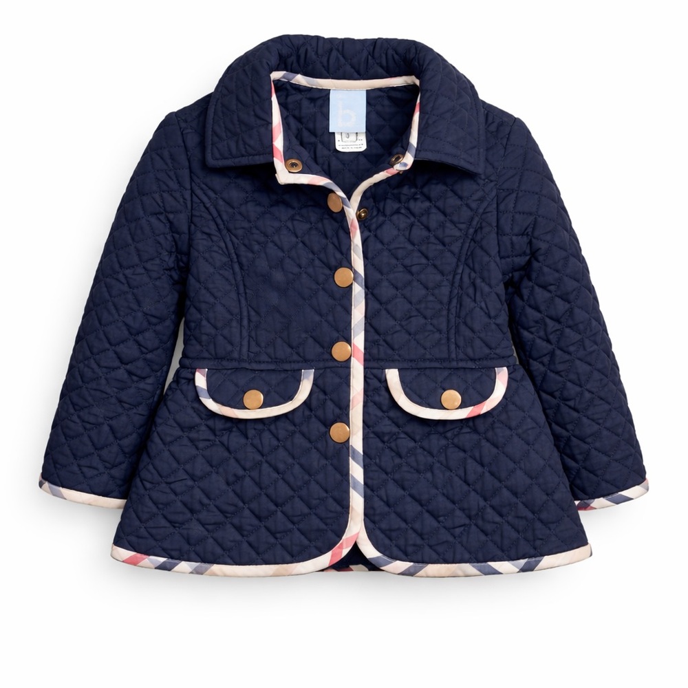 Bella Bliss Navy Quilted Jacket Plaid Trim Peplum Girls Size 2